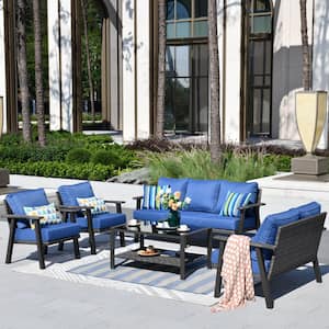 Walden Grey 5-Piece Wicker Metal Outdoor Patio Conversation Sofa Set with a Coffee Table and Sky Blue Cushions