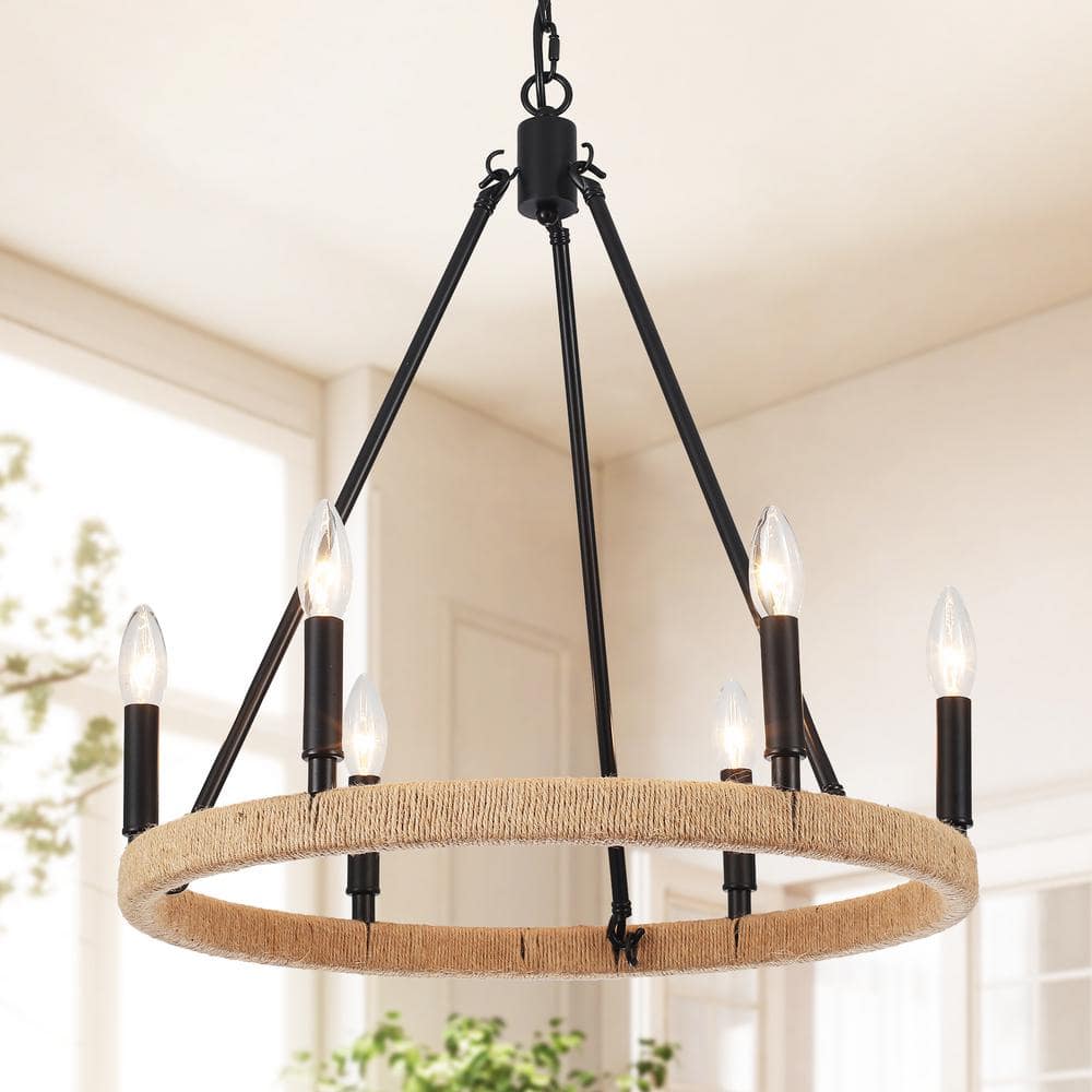 6-Light Farmhouse Black Candle Design Circle Iron Wagon Wheel Chandelier for Dining Room with no bulbs included price history on PriceWatchPro