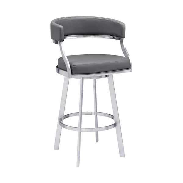 Armen Living Romilly Contemporary 30 in. Bar Height in Brushed Stainless Steel Finish and Grey Faux Leather Bar Stool