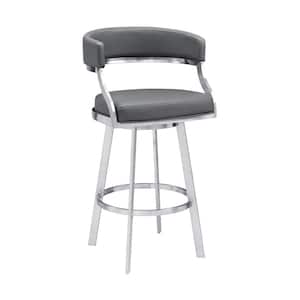 Romilly Contemporary 26 in. Counter Height in Brushed Stainless Steel Finish and Grey Faux Leather Bar Stool