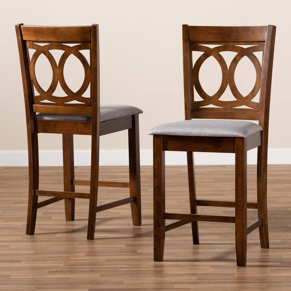 Lenoir Grey Fabric and Walnut Wood Counter Stools, Set of 2