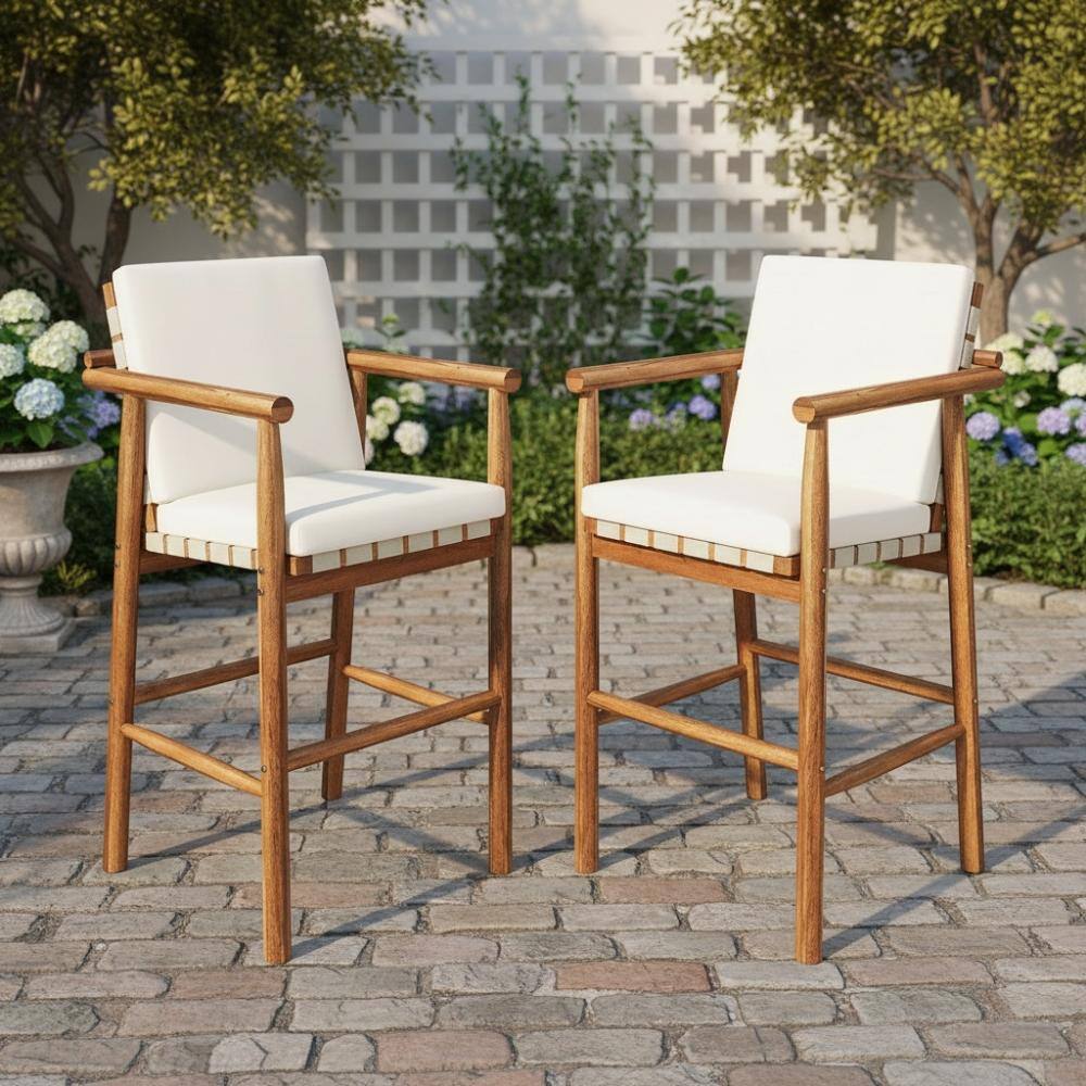 Acacia Wood Outdoor Bar Stools with Beige Cushion for Patio, Pool, Garden (2-Pack) price history on PriceWatchPro