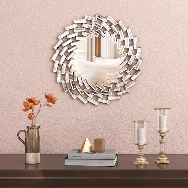 THKSHOUZ Silver 17.7 in. W x 17.7 in. H Modern Round Glass Wall Mirror