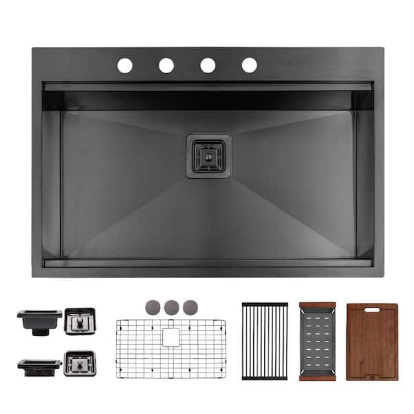 S STRICTLY KITCHEN + BATH 33 in. Drop-In/Undermount Single Bowl 16-Gauge Black Stainless Steel Workstation Kitchen Sink with Accessories