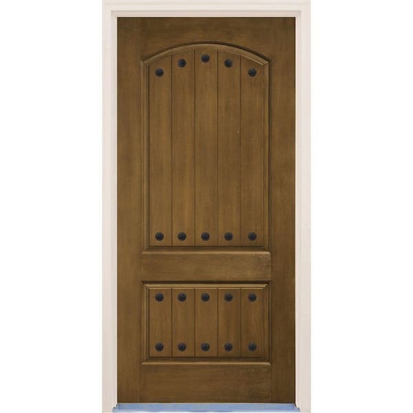 Builder's Choice 36 in. x 80 in. 2-Panel Arch Top V-Groove English Walnut Stained Prefinished Fiberglass Prehung Front Door