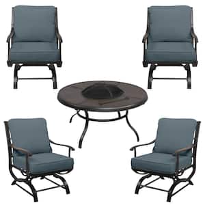 Redwood Valley Black 5-Piece Steel Outdoor Patio Fire Pit Seating Set with Sunbrella Denim Blue Cushions