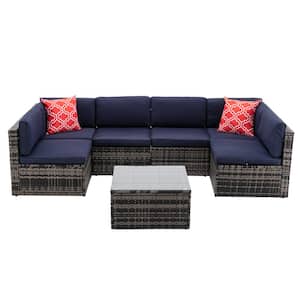 7-Piece Wicker Outdoor Sectional Sofa Set with Table and Navy Cushions