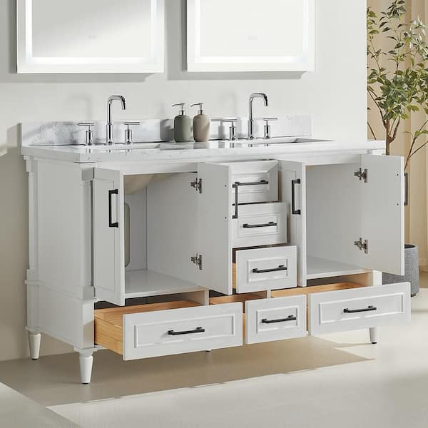 60 in. Freestanding White Bath Vanity with White Marble Top and Bathroom Drawer Storage Cabinet Assembled