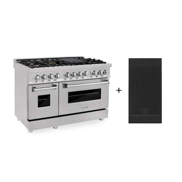 48 in. Legacy Dual Fuel Range with 6 Brass Burner Cooktop and 2 Electric Ovens in Satin Stainless Steel with Griddle