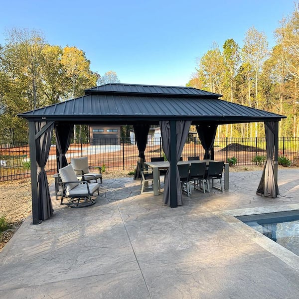 12 ft. x 20 ft. Gray Aluminum Hardtop Gazebo Canopy with Netting and Curtains