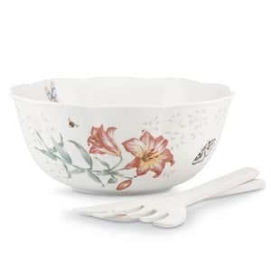 Butterfly Meadow 11 in. Dia 72 oz. Multi Color 3-Piece Porcelain Salad Bowl Set with Wood Servers