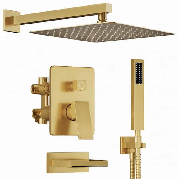 Brushed Gold Wall-Mounted Shower System with 10 in. Rainfall Head, Handheld, Tub Spout and Valve