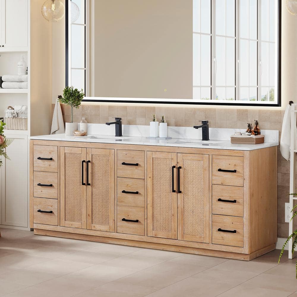 Floral Light Brown Double Sink Freestanding Vanity with White Quartz Top