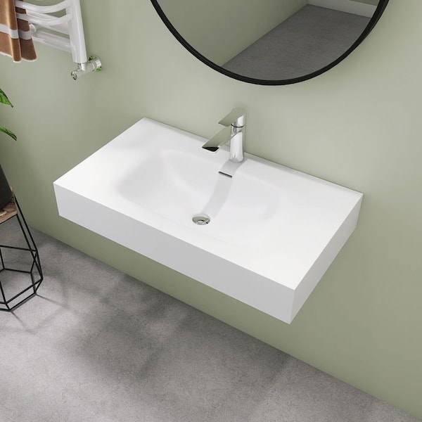 32 in. x 18 in. Wall Mount Rectangle Vessel Sink, Solid Surface Bathroom Vessel Sink in Matte White
