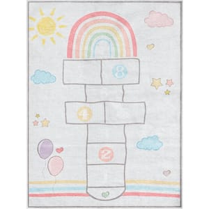 Hopscotch Modern Kids Multi-Color Grey 3 ft. 3 in. x 5 ft. Machine Washable Flat-Weave Area Rug