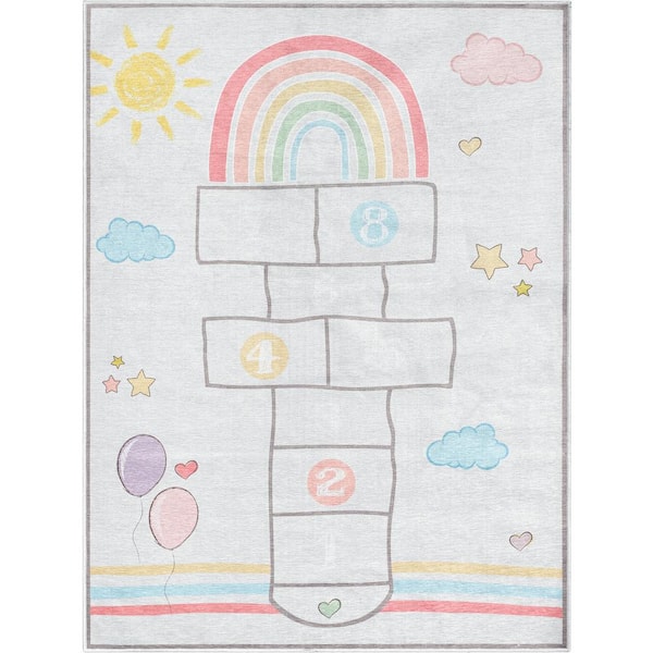 Well Woven Hopscotch Modern Kids Multi-Color Grey 6 ft. x 9 ft. Machine Washable Flat-Weave Area Rug