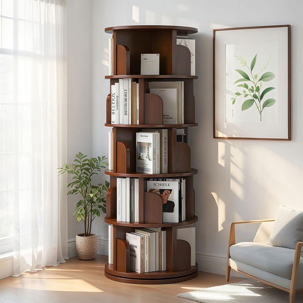 Noble House Pamela 360° Rotating 61.8 in. Tall Walnut MDF 5-Shelf Corner Bookcase Display Bookshelf with Baffle Design 155974