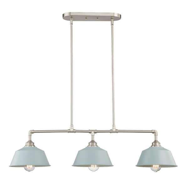 Unbranded Troyes 10 in. 3-Light Island in Satin Nickel with Light Blue Metal Shade Pendant Light