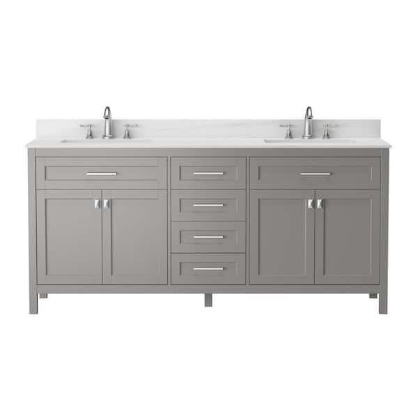 ANGELES HOME 72 in. x 22.39 in. x 34 in. Bath Vanity in Gray with Double Sink, Soft Close Door, Carrara White Cultured Marble Top