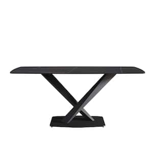 70.87 in. Black Rectangular Sintered Stone Tabletop Kitchen Dining Table with Cross Black Carbon Steel Legs (6 Seats)