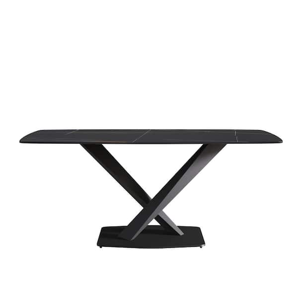 70.87 in. Black Rectangular Sintered Stone Tabletop Kitchen Dining Table with Cross Black Carbon Steel Legs (6 Seats)