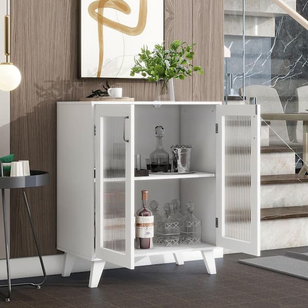 Tahanbath Modern Living Room Cabinet Storage Organizer with 2-Glass Doors and Adjustable Shelf White