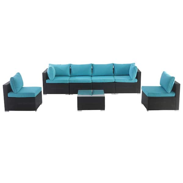 Willit 7-Piece Wicker Outdoor Sectional Set with Blue Cushions