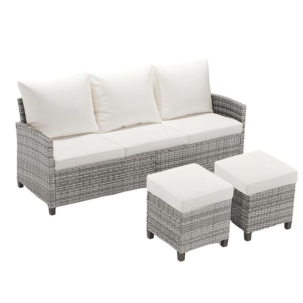 Unbranded 5-Piece Wicker Patio Conversation Set with Beige Cushions, 1 Three-Seating, 2 Ottomans