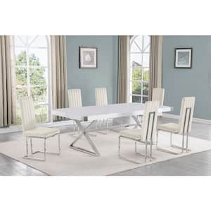 Miguel 7-Piece Rectangle White Wood Top Silver Stainless Steel Dining Set with 6 Cream Velvet Chairs