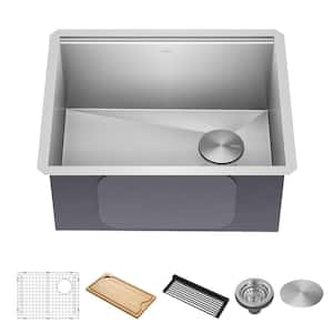 Kore 23 in. Undermount Single Bowl 16 Gauge Stainless Steel Kitchen Workstation Sink w/Integrated Ledge and Accessories
