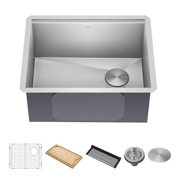 KRAUS Kore 23 in. Undermount Single Bowl 16 Gauge Stainless Steel Kitchen Workstation Sink w/Integrated Ledge and Accessories