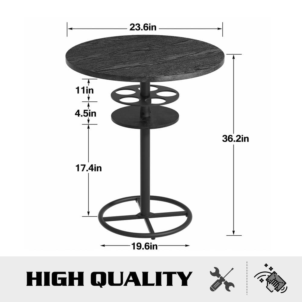 Black Round Counter Height Bar Table with Wood Top and Metal Pedestal