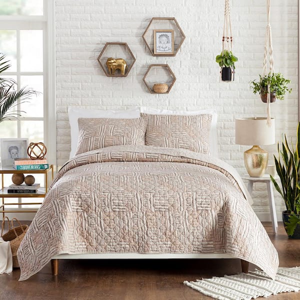 Abrazo Taupe Beige 3-Piece Full/Queen Cotton Quilt Set