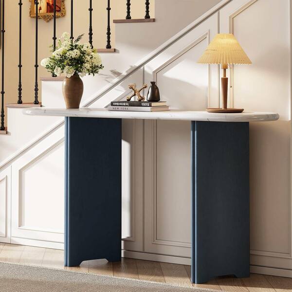 Polibi 53.9 in. Navy, White Oval Wood Console Table Entryway Table