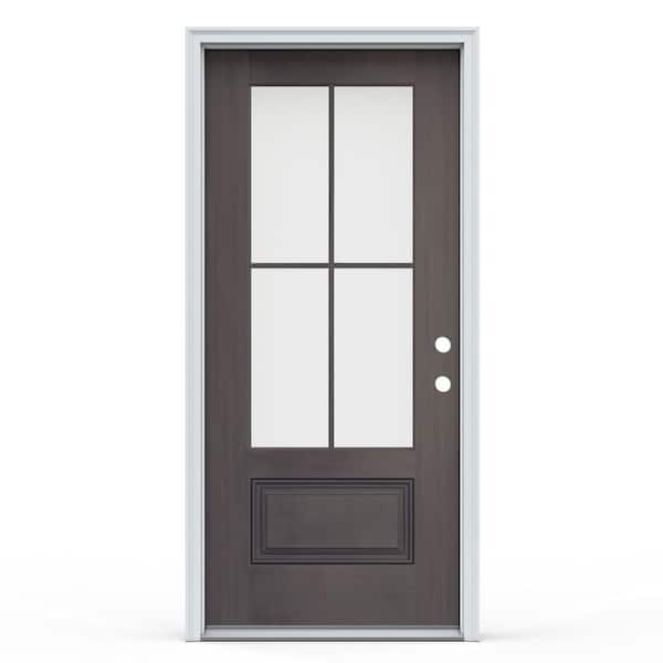 JELD-WEN 36 in. x 80 in. 1 Panel Left-Hand/Inswing 4 Lite Clear Glass Earl Grey Fiberglass Prehung Front Door with Brickmould