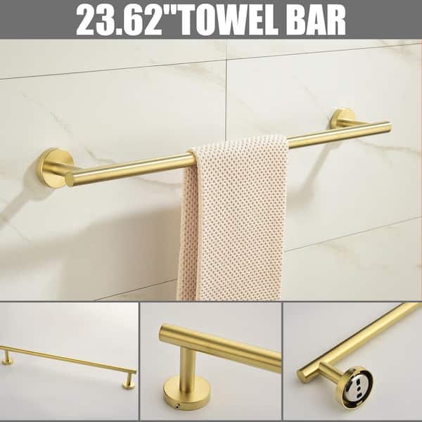 Bathroom Hardware 5-Piece Bath Hardware Set with Towel Bar, Robe Hook, Toilet Paper Holder in Gold