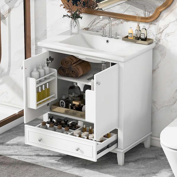 30 in. W Single Sink Freestanding Bath Vanity in White with White Ceramic Top, 2 Doors and 1 Drawer