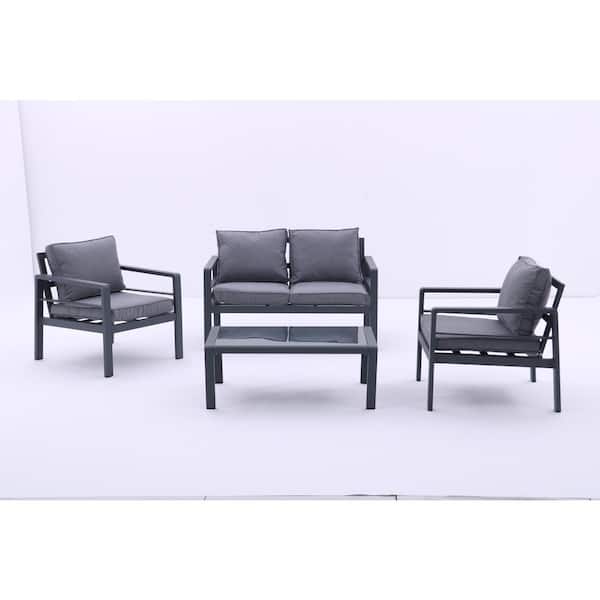 Unbranded Grey 4-piece Aluminum All-Weather Outdoor Sectional Set with Removable Cushions and Tempered Glass Coffee Table