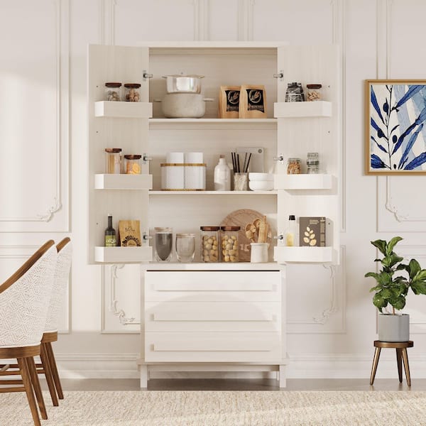 White 70.1 in. H 2-Door Kitchen Pantry Organizer, Luxurious Wood Storage Cabinet with 6-Door Shelves and 3-Drawers
