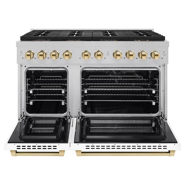 Autograph 48 in. 6.7 cu. ft. Paramount Dual Fuel Range with 8-Burner Cooktop and Dual Ovens in Satin with White and Gold