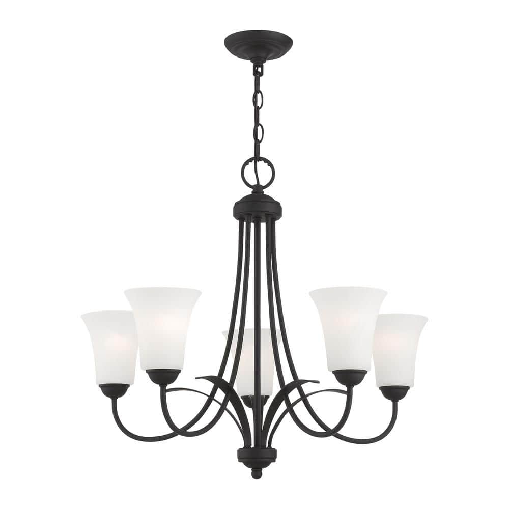 Elegant Transitional 5-Light Chandelier in Black with Satin Opal White Glass