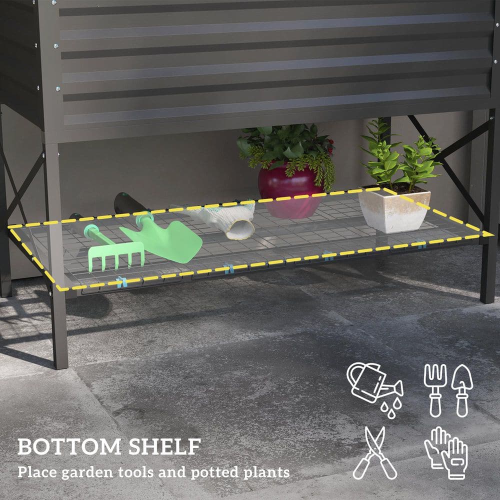 Gray Galvanized Metal Raised Garden Bed with Storage Shelf