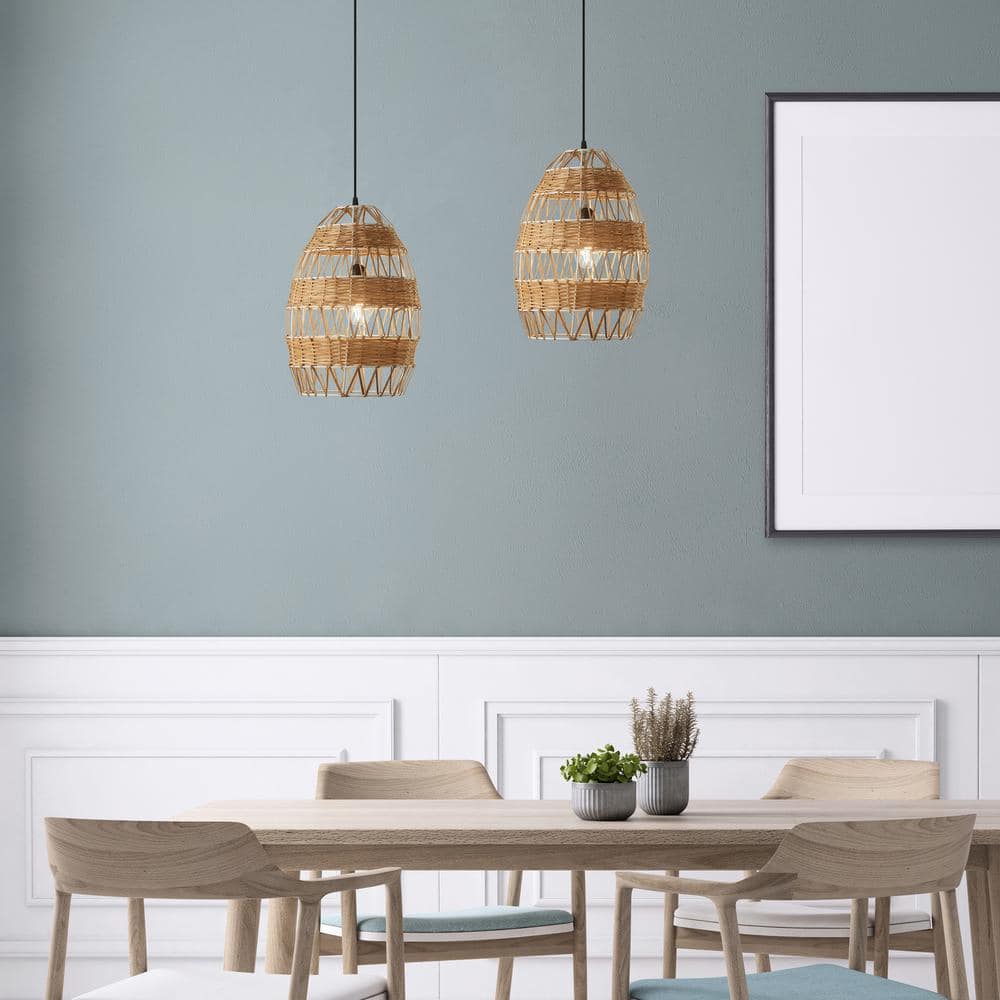 12.75" Tan Rattan and Metal Bowl Pendant Ceiling Light
