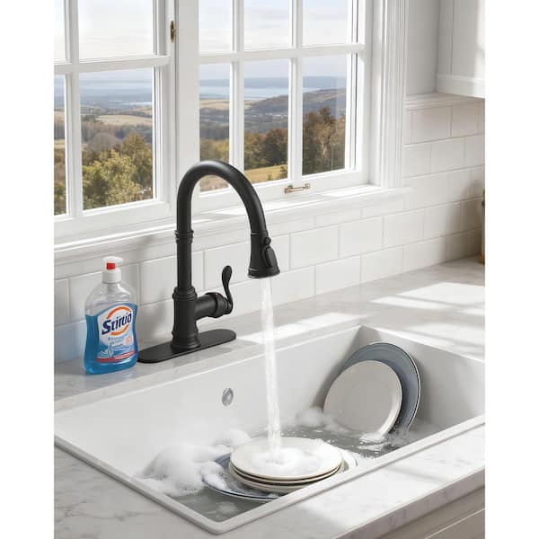 Spring Single-Handle Matte Black 15 in. H Pull Down Sprayer Kitchen Faucet with 360° Spout Swivel