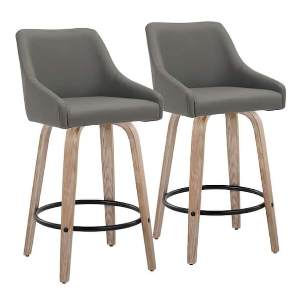 Hannah 27 in. Whitewashed Wood and Dark Grey Faux Leather with Round Black Metal Fixed-Height Counter Stool (Set of 2)