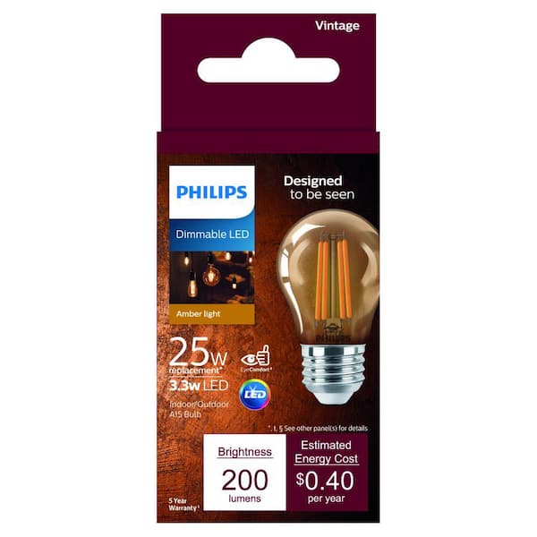 sjæl flicker Flåde Philips 25-Watt Equivalent A15 Clear Glass Edison LED Light Bulb Amber Warm  White (2000K) (1-Bulb) 556555 - The Home Depot