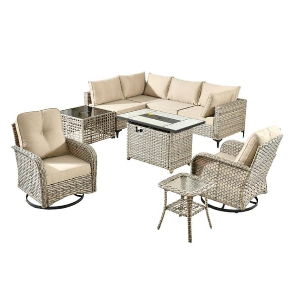 Savona 9-Piece Wicker Outdoor Patio Conversation Sectional Chair Set with Rectangular Fire Pit and Beige Cushions