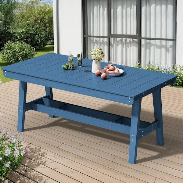 Navy Blue Rectangular HDPE Outdoor Dining Table with Umbrella Hole, All-Weather Patio Table for Indoor/Outdoor Use