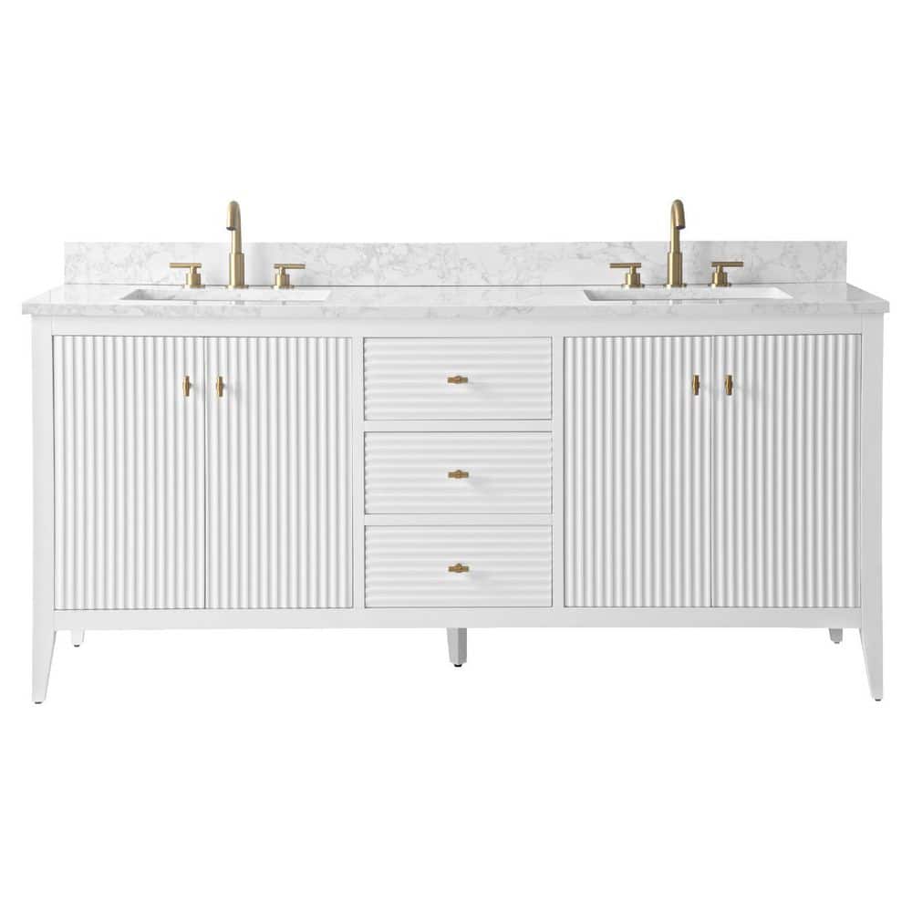 72" Linear White Double Sink Vanity with Golden Brushed Hardware