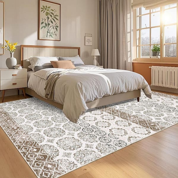 Beige 9 ft. x 12 ft. Non-Slip Flower Print Rug Machine Washable Ultra Thin Soft for Office Dining Room Bedroom